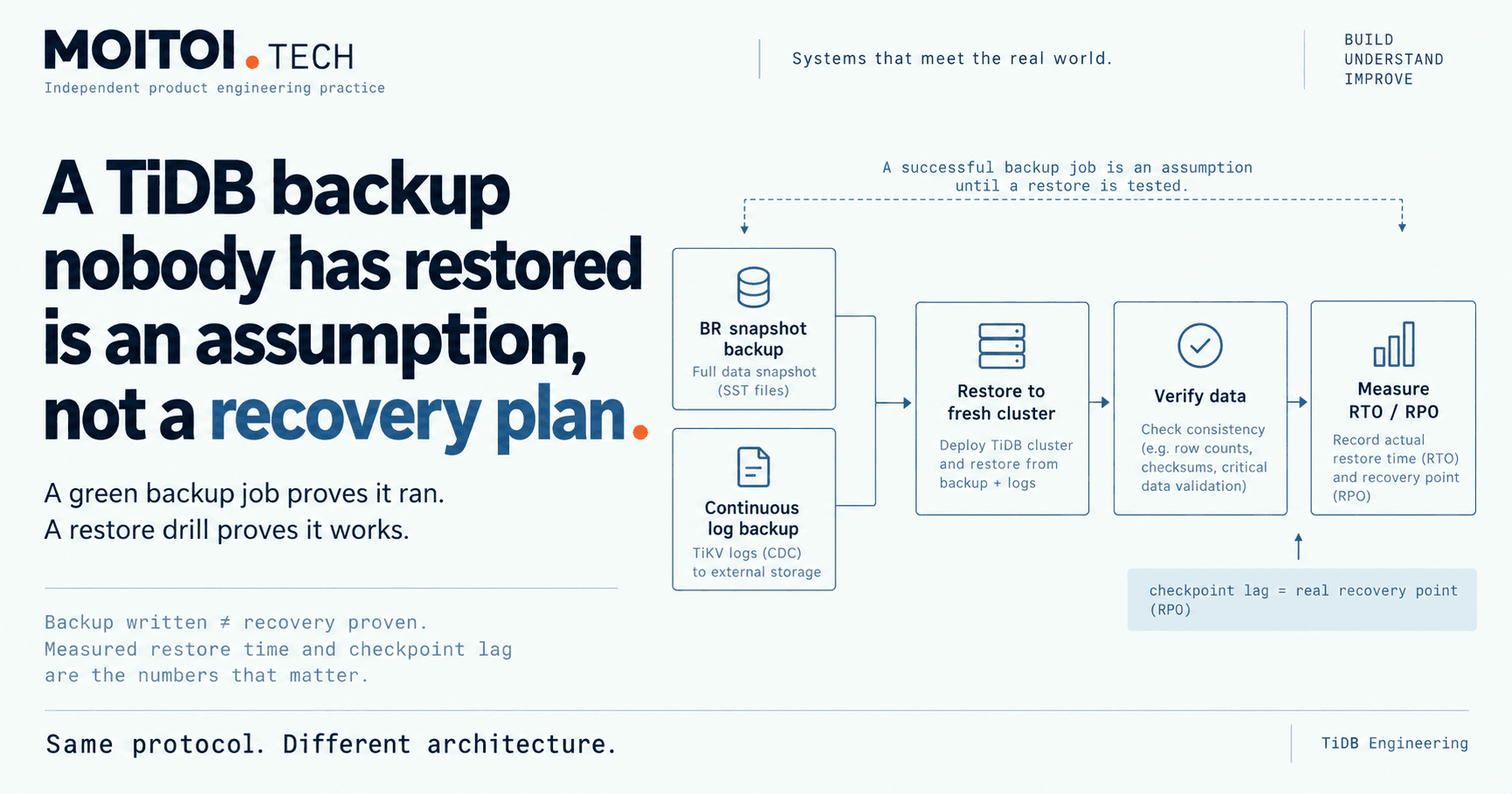 MoiToi TECH illustration comparing a successful but untested TiDB backup with a verified recovery process. The diagram shows how restoring snapshots and logs to a fresh cluster, validating data, and measuring RTO and RPO turn backup assumptions into a tested recovery plan.